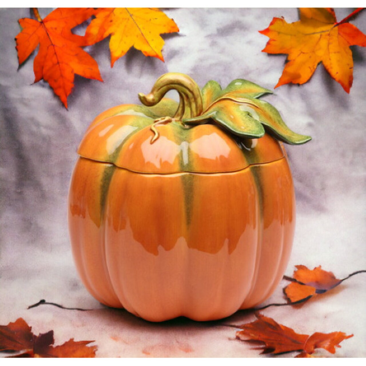 Hand Painted Ceramic Halloween Pumpkin Box-Large, Kitchen Container Jar Storage